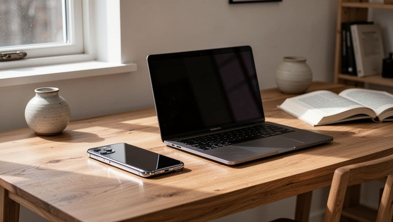 Fotorealistisk scene i minimalistisk nordisk studieværelse med refurbished Samsung Galaxy telefon og MacBook på træskrivebord, blødt dagslys fra vindue og naturlige refleksioner.