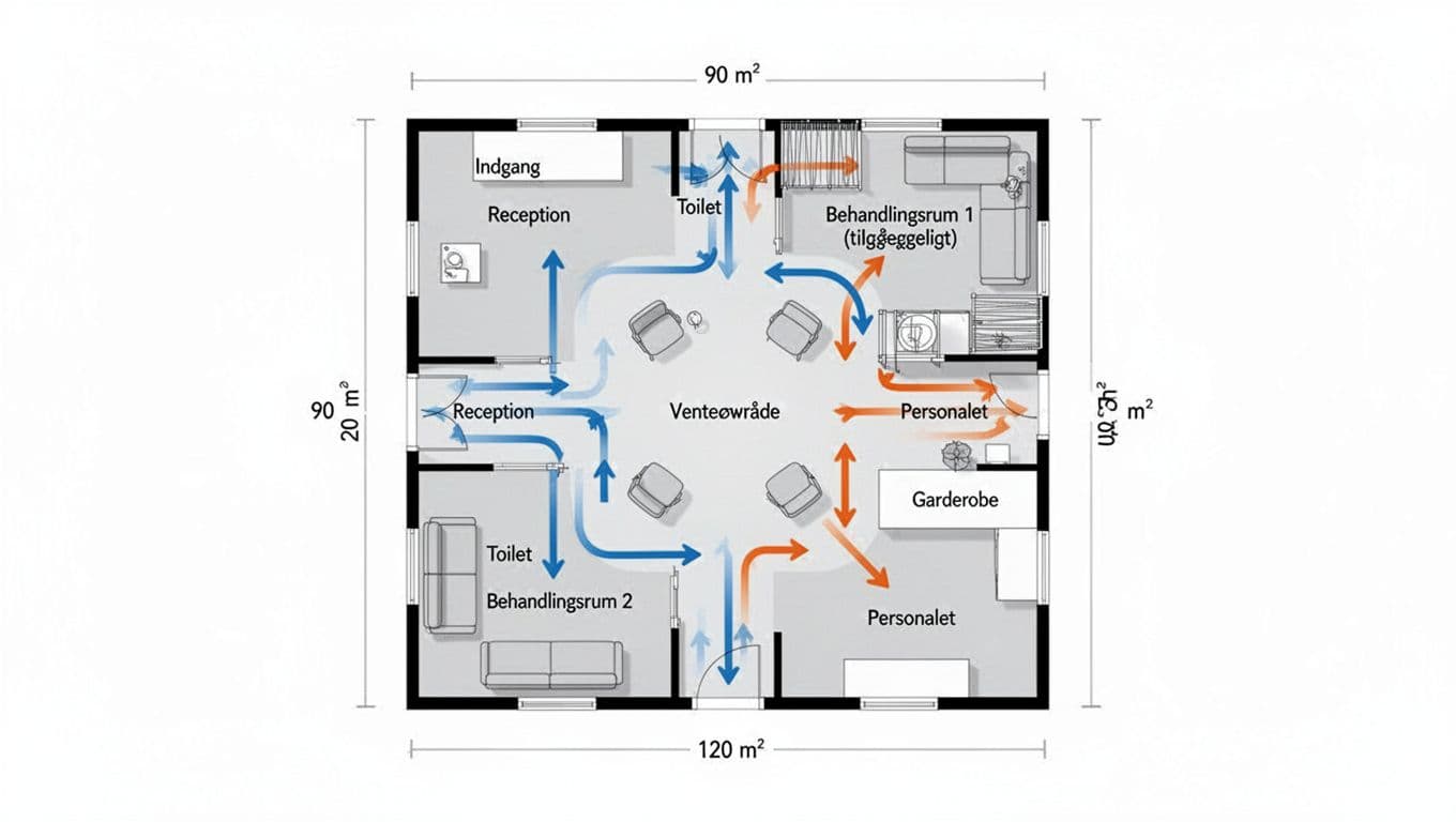 Clean 2D top-down floor plan of a square clinic with central waiting zone, Danish labels, color-coded flow arrows, and simple icons in Scandinavian style.