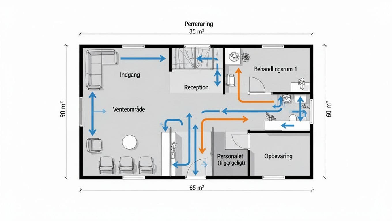 Clean 2D top-down floor plan for a small rectangular clinic with waiting area, reception, treatment room, staff area, and storage. Features Danish labels, flow arrows, simple furniture icons, and measurements on a white background.