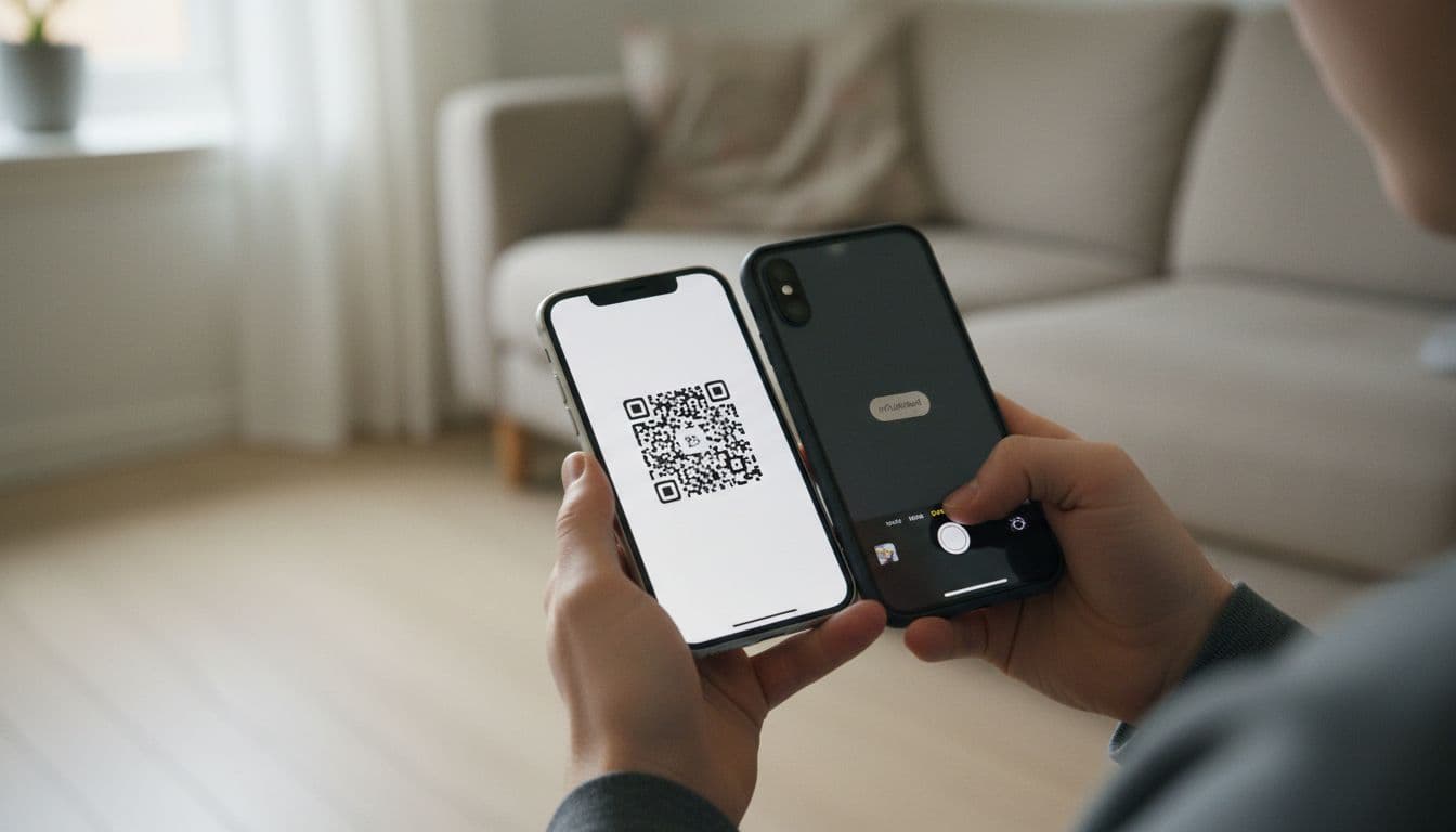 Photorealistic documentary-style image of a young Danish person in a Danish living room holding two iPhones close together, scanning a QR code from the MitID app on one to transfer to a new refurbished iPhone, with natural indoor lighting and shallow depth of field.
