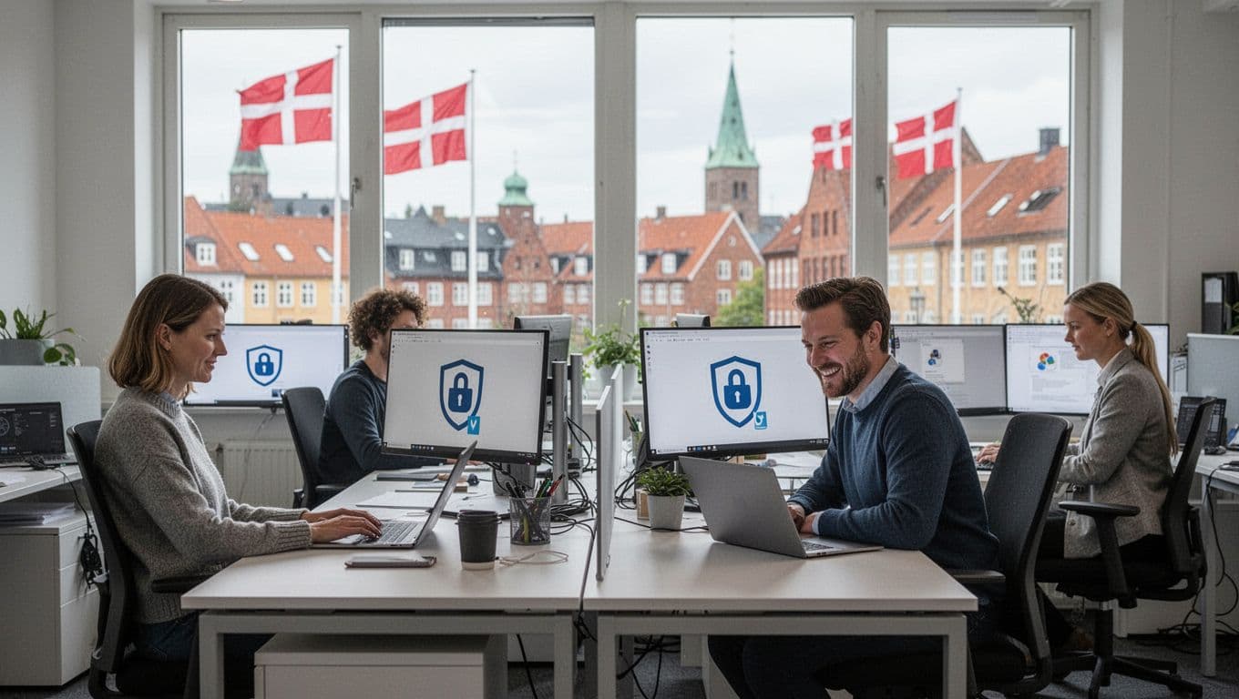 Realistic scene of four employees working calmly at desks in a modern Danish SMV office in Aarhus, with city views and security software icons on screens.