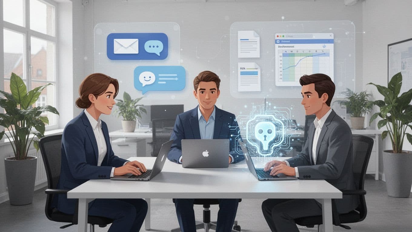 Three professionals collaborate in a bright Danish office around laptops with an abstract glowing AI assistant icon and subtle productivity app hints.
