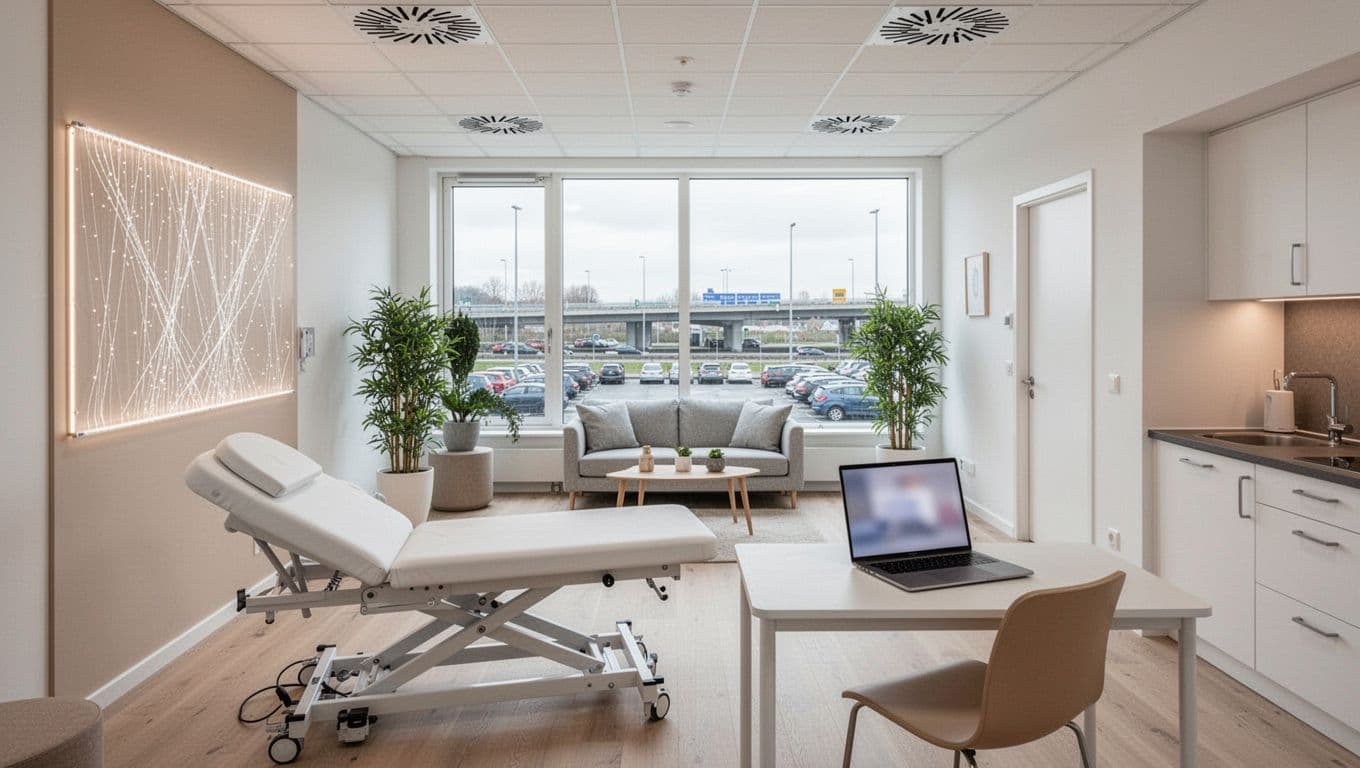 Modern empty clinic room for therapist or psychologist in Scandinavian minimalist style, with adjustable couch, desk, lounge area, plants, large windows showing parking and motorway, kitchenette, natural light, white walls, light wood floors.