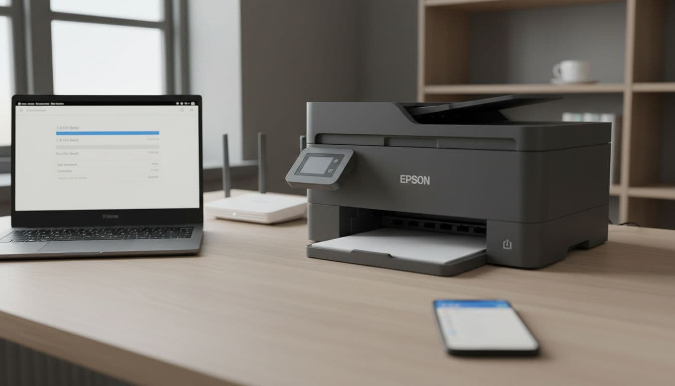 Photorealistic image in natural light from a modern Danish home office, featuring an Epson inkjet printer on a wooden desk next to an open laptop and Wi-Fi router displaying separate 2.4 GHz and 5 GHz bands, with a smartphone highlighting the 2.4G network.