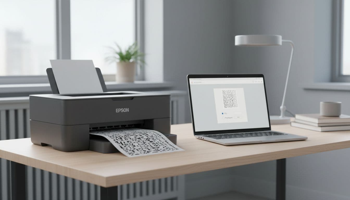 Photorealistic modern home office with an inkjet printer printing a document showing distorted wrong-font text due to PCL/PostScript driver error. Laptop screen displays printer dialog with driver options and document preview.
