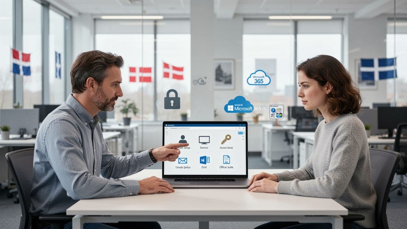 Semi-realistic digital illustration of an IT manager and new employee seated at a clean desk, with the manager pointing to a laptop screen displaying simple icons for user setup, devices, access keys, licenses, and standard apps. Background features a modern open office with large windows, soft natural daylight, and subtle Nordic decor in a clean corporate aesthetic.