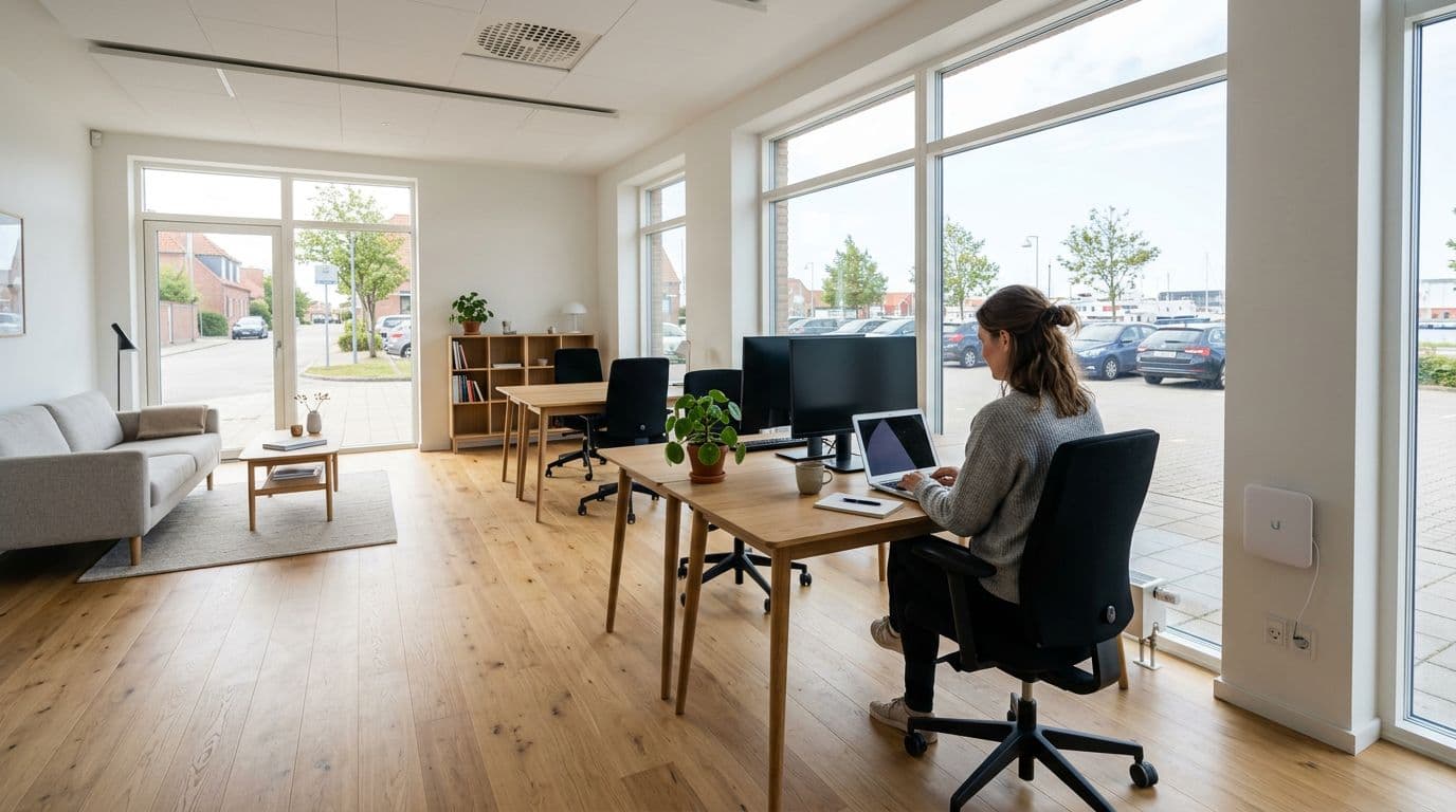 Bright modern commercial space in Køge, Denmark, featuring a co-working area with office desks, sofas, clinic rooms, large windows, wooden floors, fiber internet router, ventilation, and natural light, with one person working at a laptop and free parking visible outside.