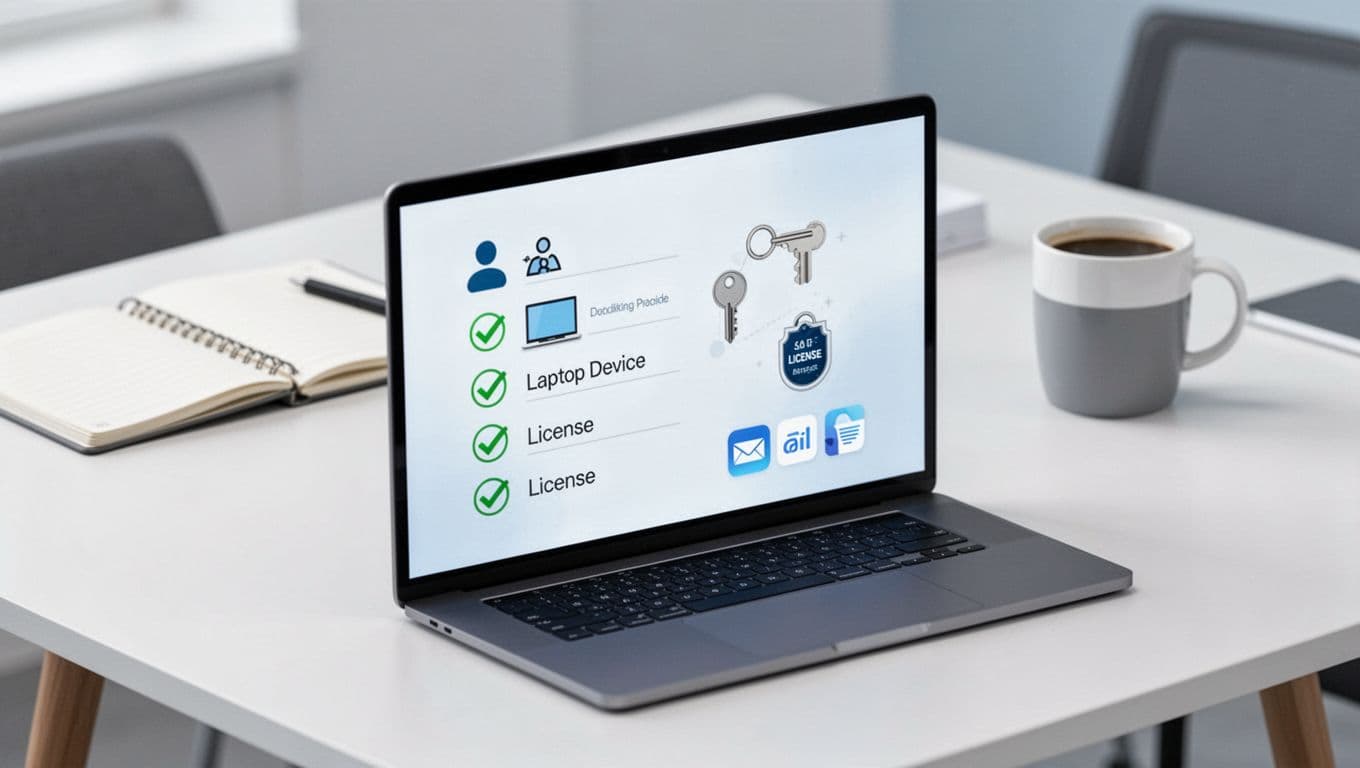 Clean isometric illustration of a sleek tablet screen showing an IT onboarding checklist with icons for user profile, device, access, licenses, and apps, set against a blurred Danish office desk in Nordic whites, grays, and blues.