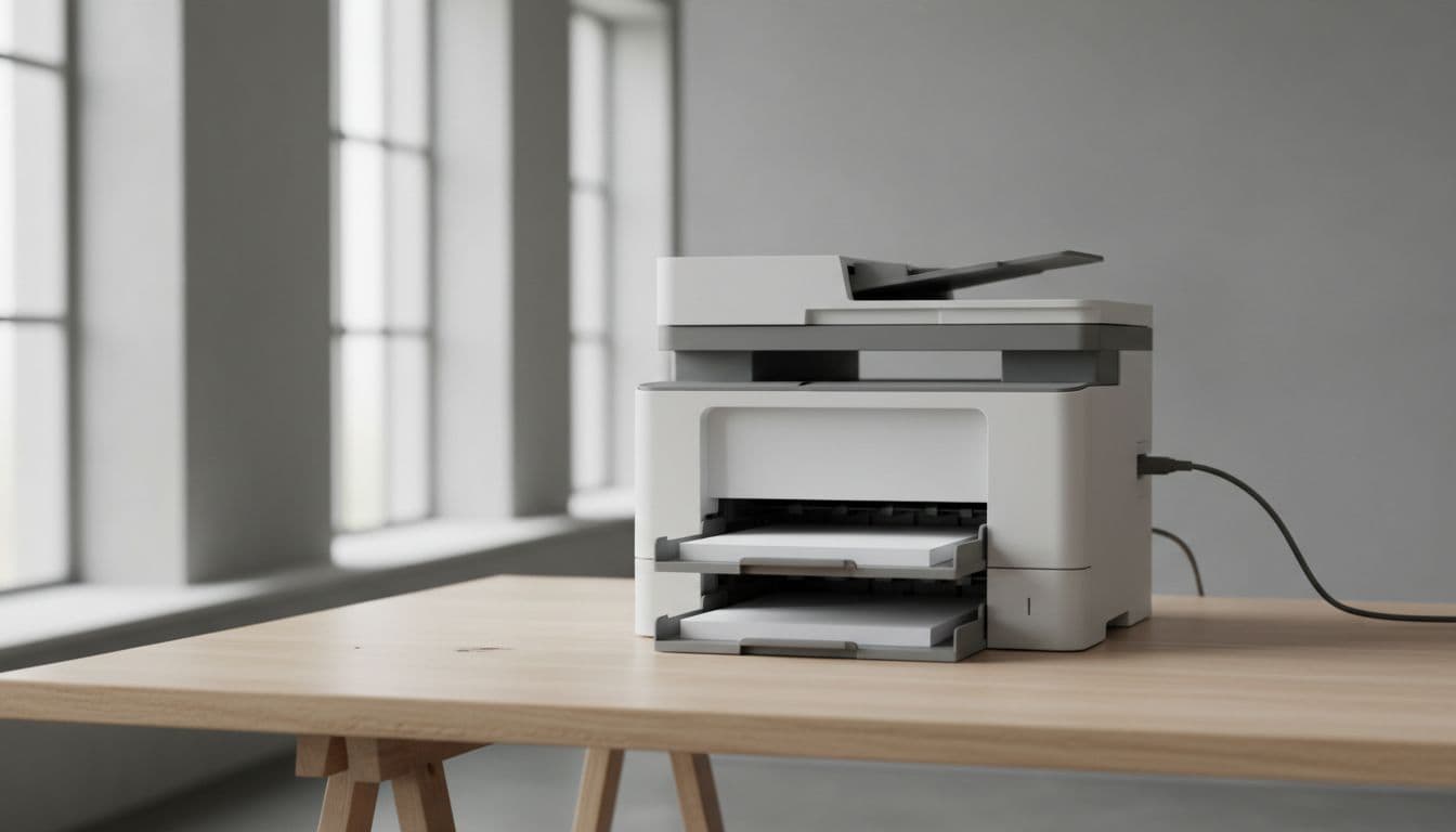 Moderne multifunktionsprinter på kontorbord