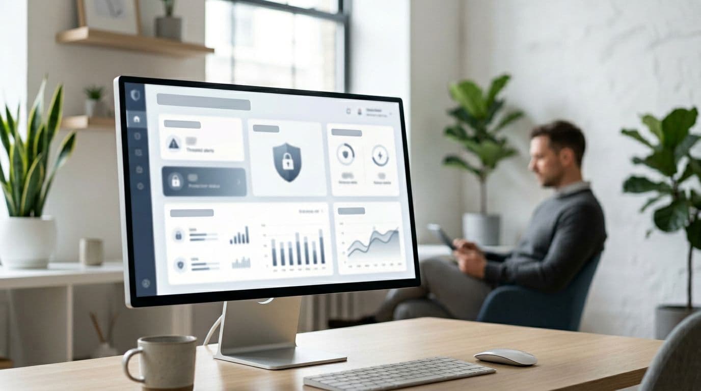 Dashboard on a computer screen in a minimalist Nordic office showing blurred IT security metrics like threat alerts and protection status, with one person in the background reviewing data in a relaxed pose amid plants and natural light.