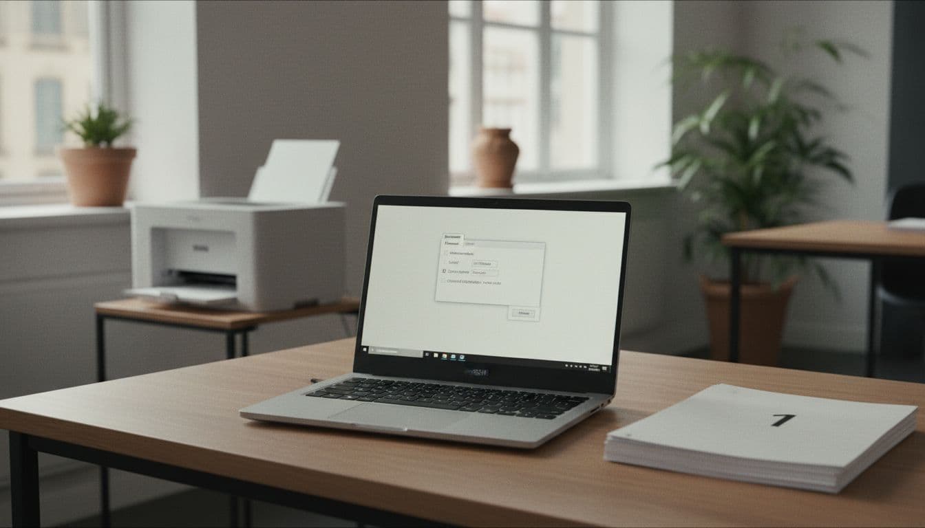 Photorealistic scene of a modern office desk featuring a Windows laptop displaying the Epson printer's Advanced preferences tab, with 'Sort/Collate' checked and 'Reverse order' off, alongside printed pages in correct order from top to bottom.