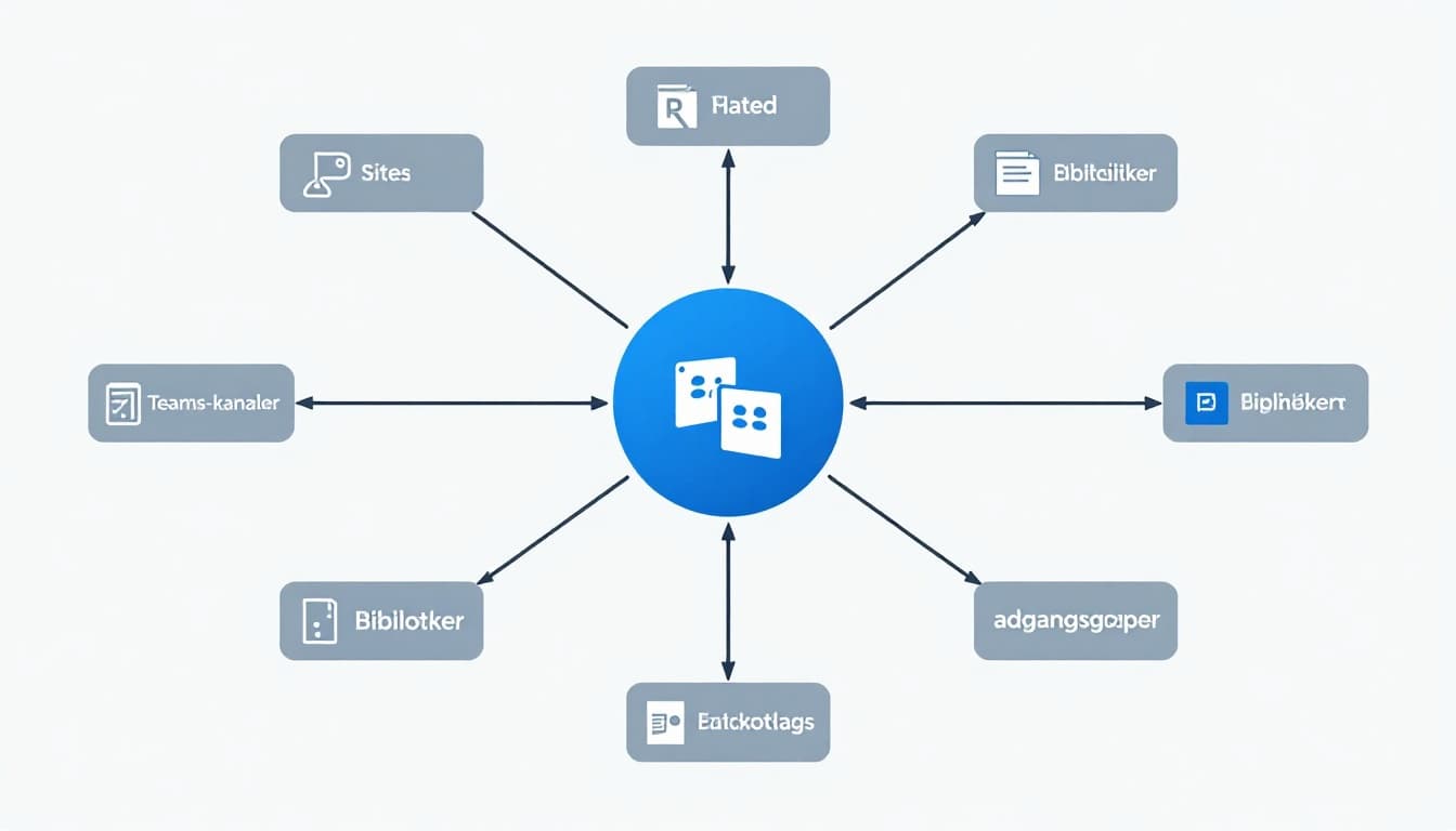 Clean semi-flat vector illustration with light 3D depth in blue, gray, and white tones, depicting SharePoint architecture as a central hub connected to sites, Teams channels, libraries, metadata/tags, and access groups via nodes and lines. Minimalist design emphasizing clear hierarchy and flow, no text, logos, or people.