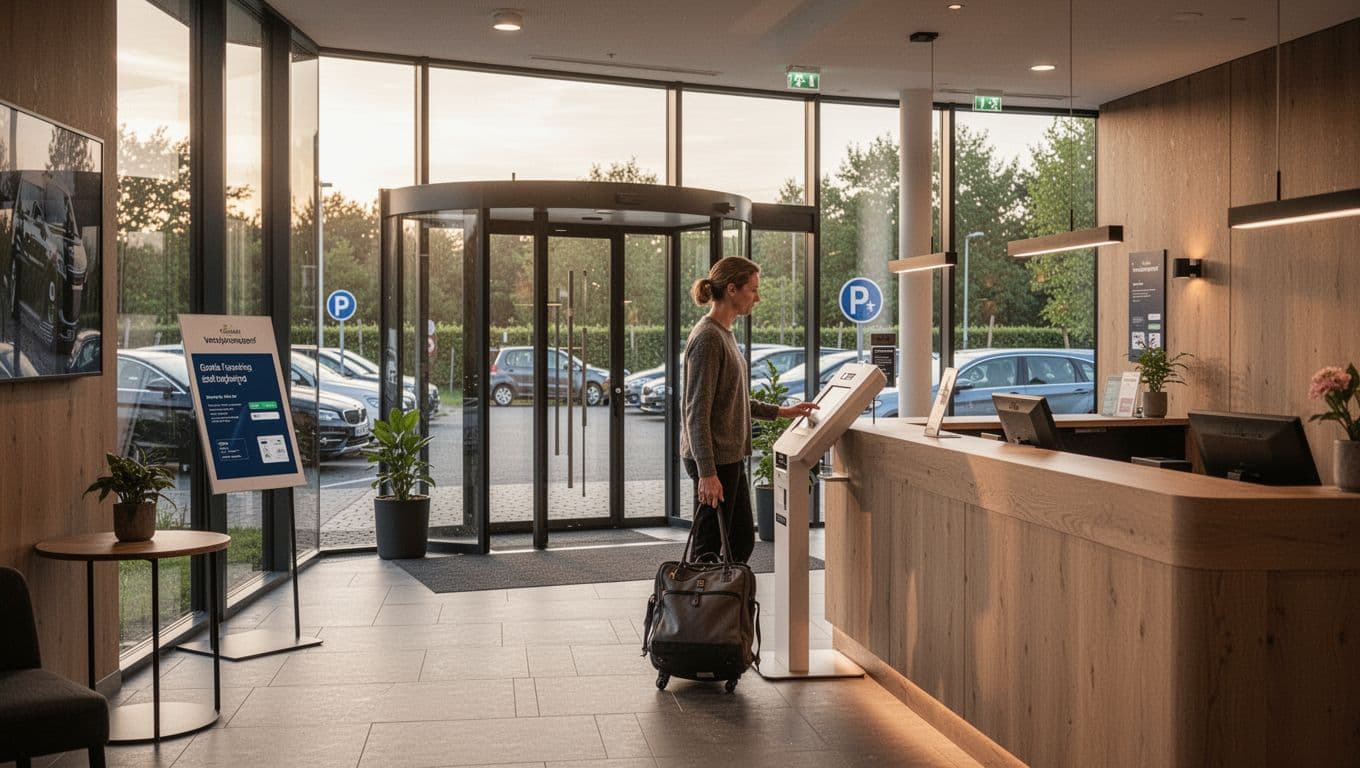 Moderne hotelreception med selvbetjent indtjekning og udsigt til gratis parkering i rolige omgivelser.