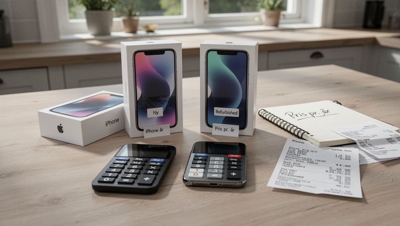Photorealistic high-resolution image of two iPhones on a light Danish kitchen table—one new in original box, one refurbished—accompanied by a calculator, notebook titled 'Price per year', and receipts, in natural daylight with Scandinavian minimalist style.