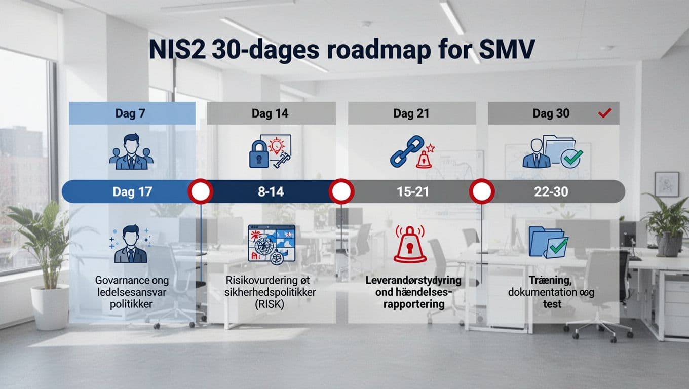 Modern professional Nordic minimalist flat isometric infographic in 16:9 format displaying a 30-day NIS2 roadmap as a horizontal timeline over four weeks: governance, risk assessment, supplier management, and training.