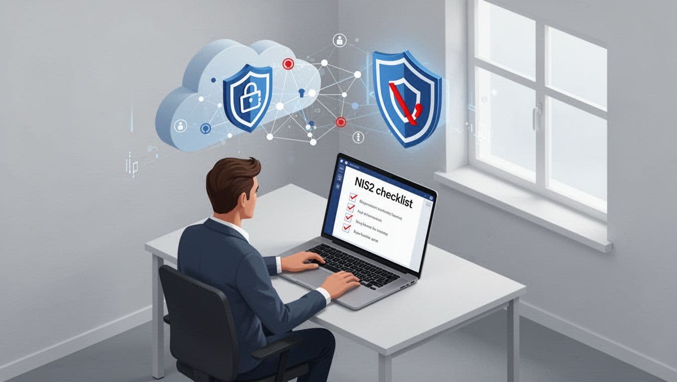 Modern Nordic minimalist flat isometric infographic of a Danish SMV office scene featuring an IT manager at a desk with laptop displaying NIS2 checklist, security shield icon, and network cloud background.