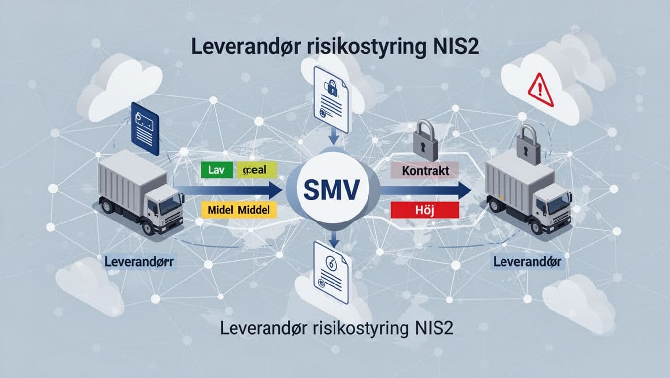 Modern Nordic minimalist flat isometric infographic depicting SME supply chain under NIS2, with SME connected to two suppliers via arrows showing low (green), medium (yellow), high (red) risk levels, contract and lock icons, cloud network background, and text 'Leverandør risikostyring NIS2'.