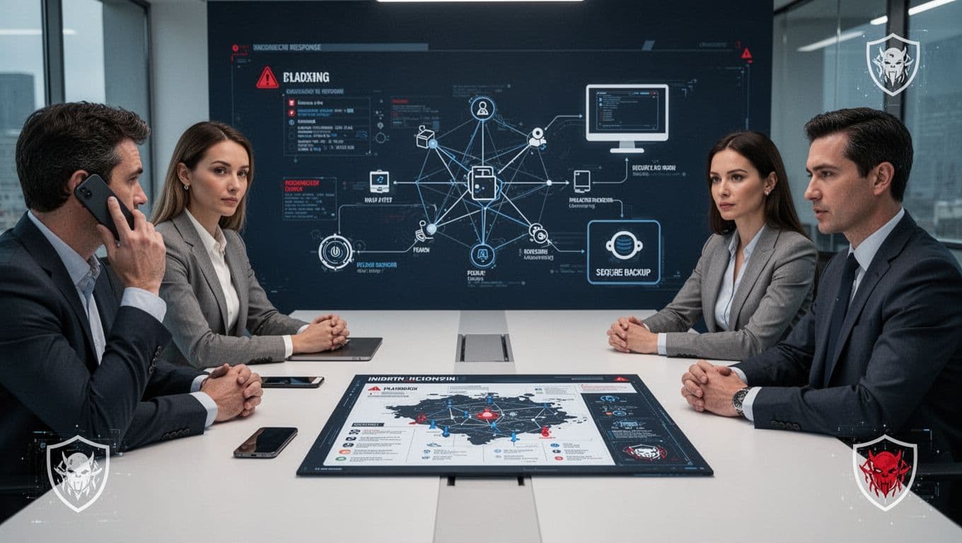 Modern minimalist corporate scene in Nordic style with dark blue, white, gray tones and subtle red accents, showing a war-room overview with playbook on table, phone, network diagram, PC and backup icons, three relaxed professionals, and subtle cyber threat icon.