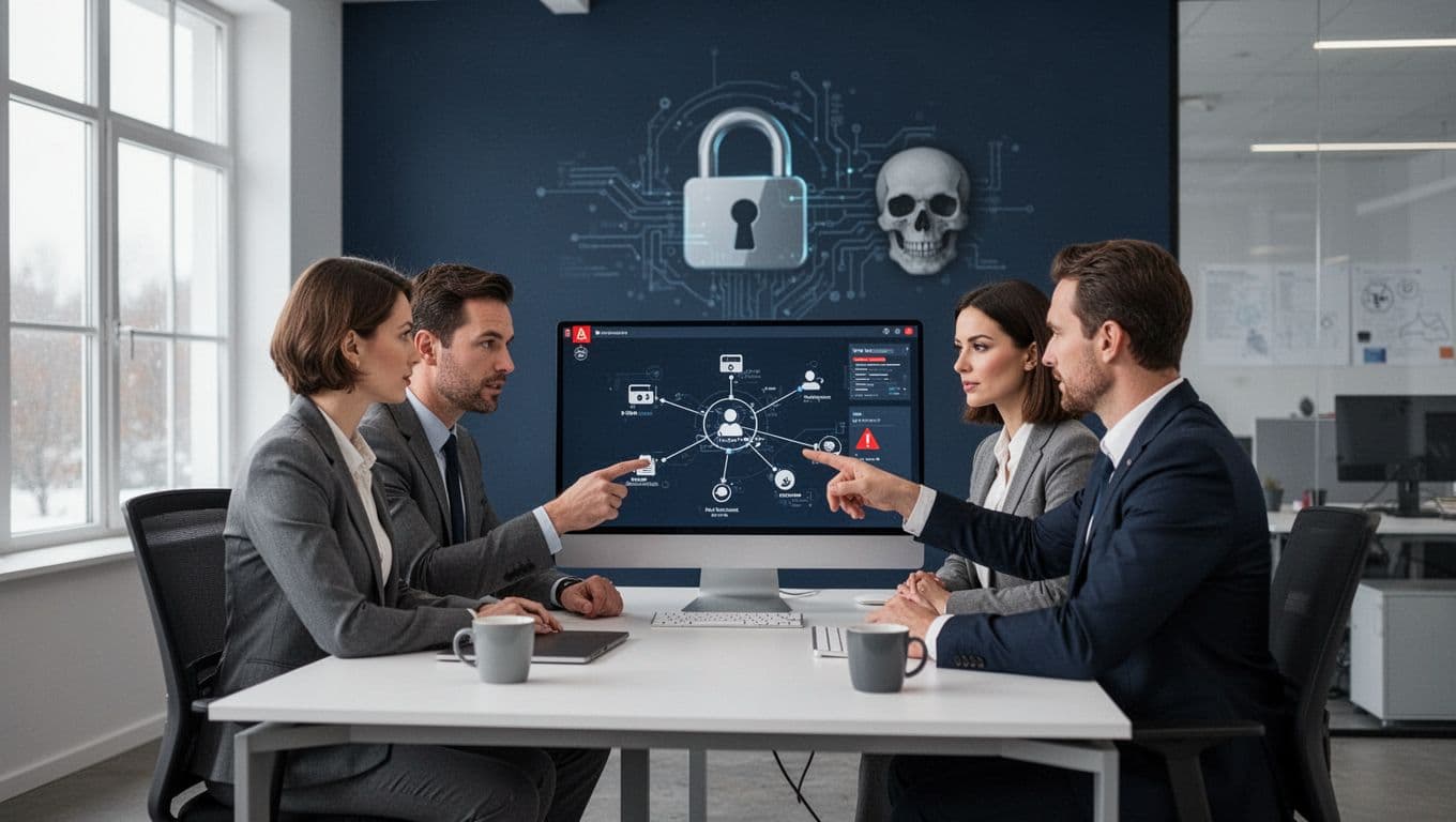 Modern minimalist Nordic-style office scene with two IT professionals at a desk reviewing a network diagram on screen, subtle lock and skull cyber threat icons in background, calm professional atmosphere with modern furniture and Nordic light.