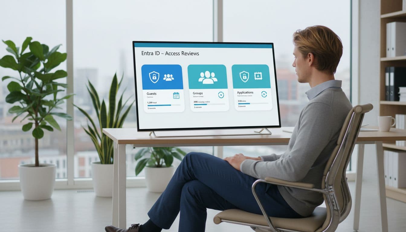 A gender-neutral Nordic-style IT/security admin views a laptop dashboard labeled 'Entra ID – Access Reviews' with sections for Guests, Groups, and Applications in a modern Scandinavian office.