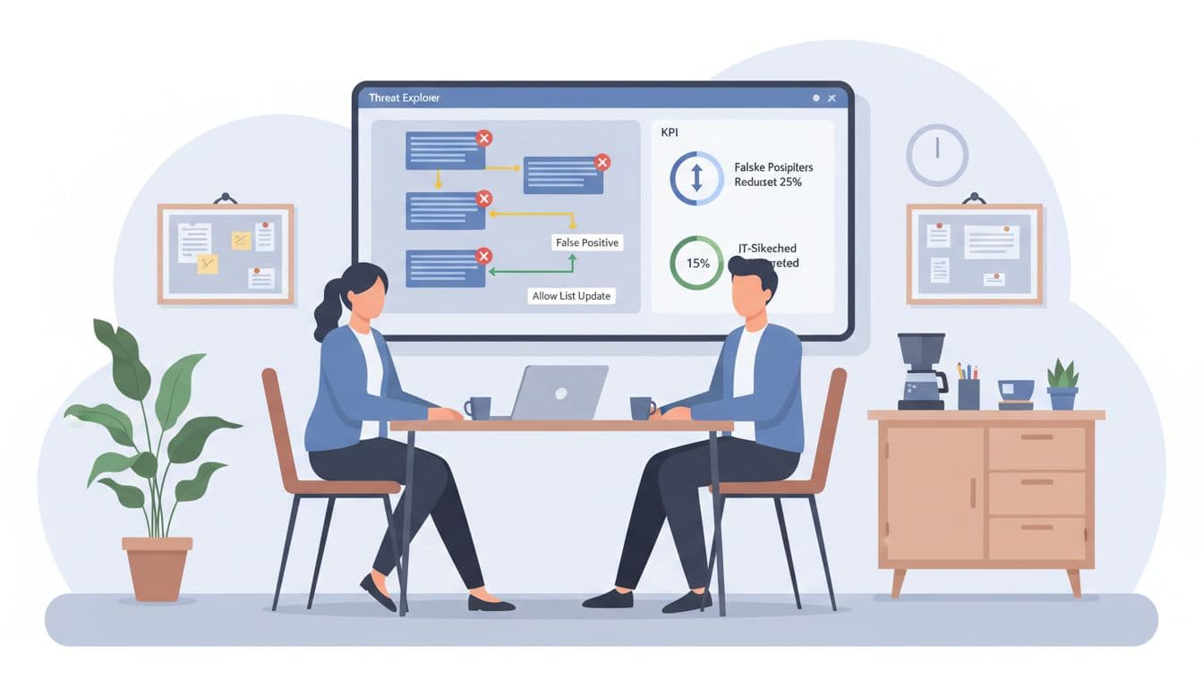 An IT support team in a cozy Danish office discusses email security, reviewing Threat Explorer for false positives and updating the allow list. Background features coffee, notes, and KPIs showing reduced false positives and improved IT security.