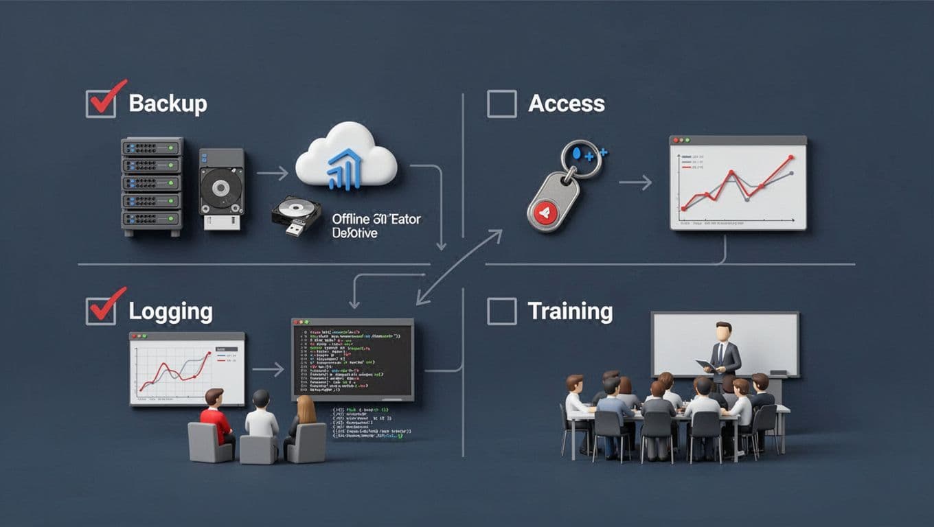 Modern minimalist corporate Nordic-style infographic featuring four icon groups for backup, secure access, logging, and training, arranged in a clean checklist layout with dark blue, white, gray colors and subtle red accents.