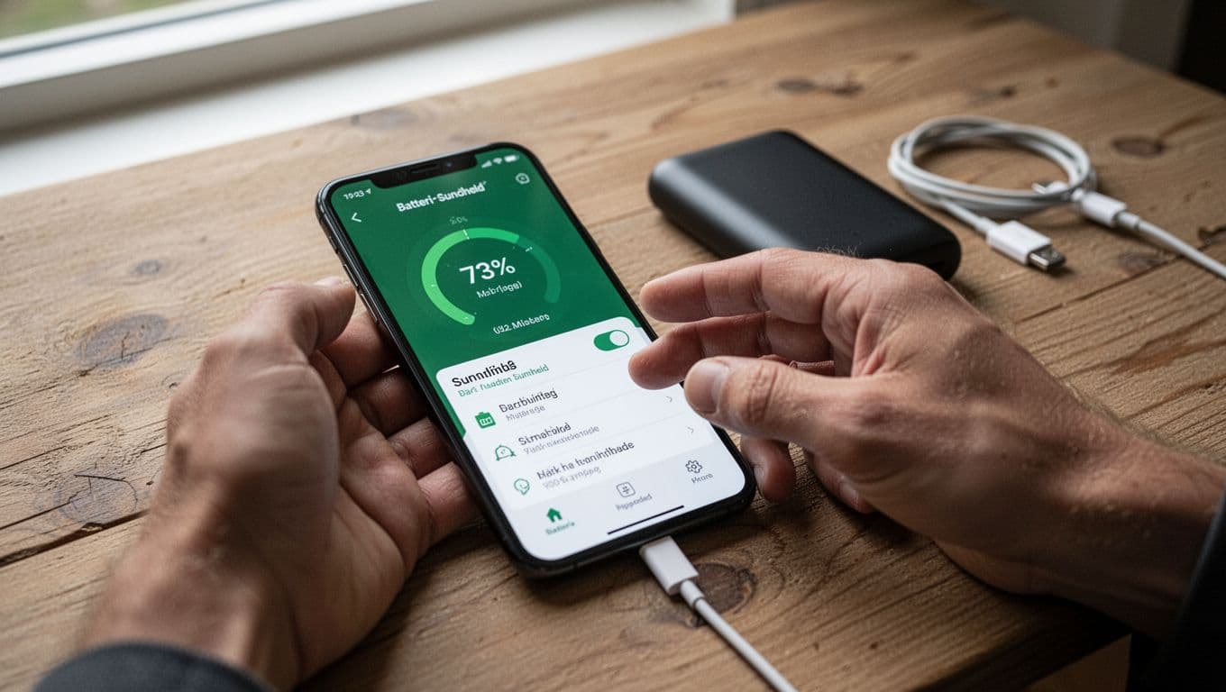 A photorealistic scene in Danish Nordic style featuring a smartphone on a wooden table displaying a generic battery health screen, a hand navigating it lightly, with a powerbank and USB cable nearby under natural window light.