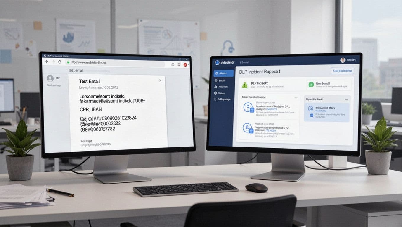 Semi-flat illustration af to computerskærme på et skrivebord i et dansk SMV-kontor, venstre skærm viser en testmail eller et dokument med placeholder-følsomme data som CPR og IBAN, højre skærm viser en generisk DLP-alert eller incident-rapport.