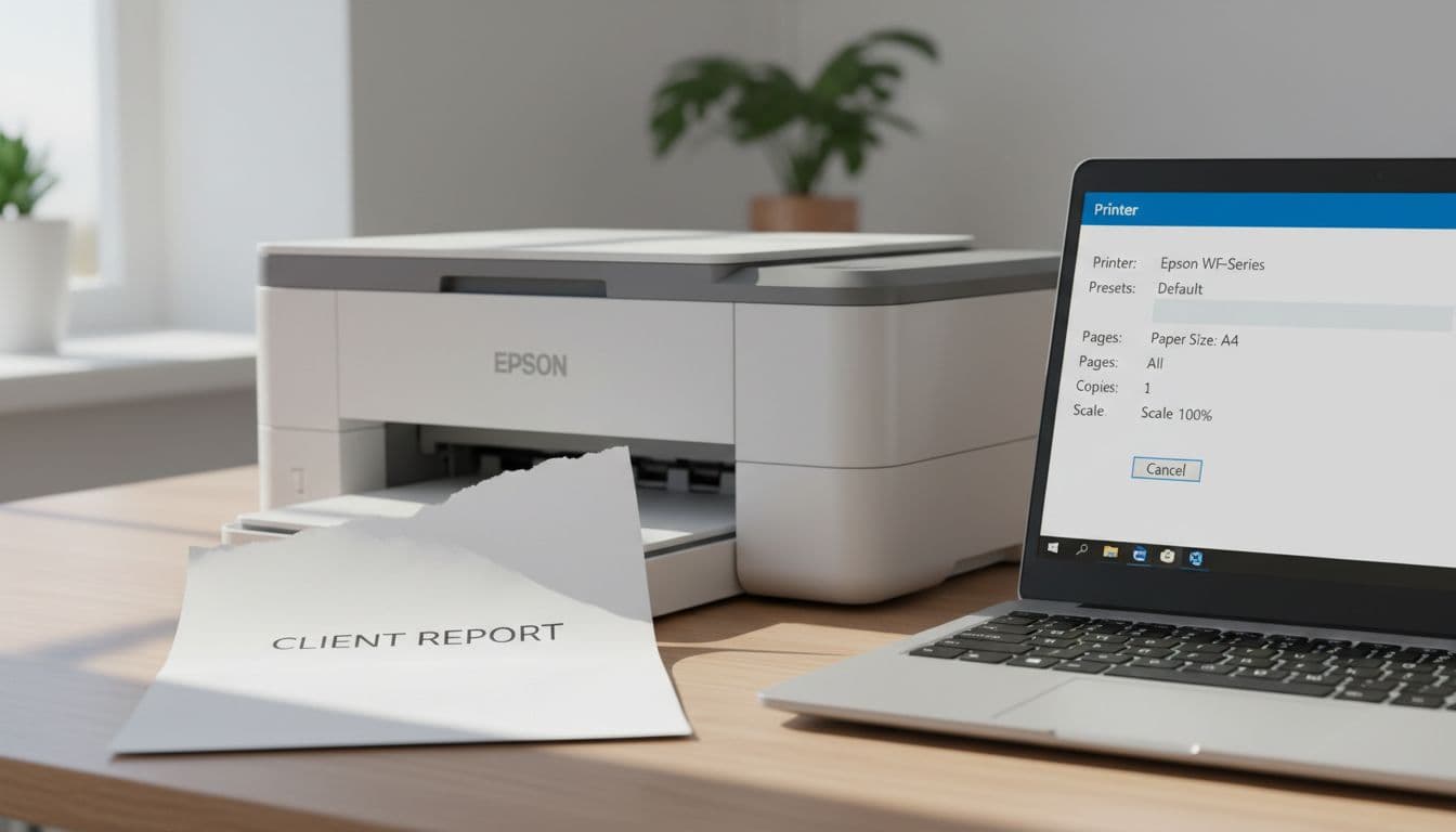 Photorealistic office scene with Epson printer and Windows laptop on desk, printed A4 sheet missing top margin, laptop showing standard print dialog.