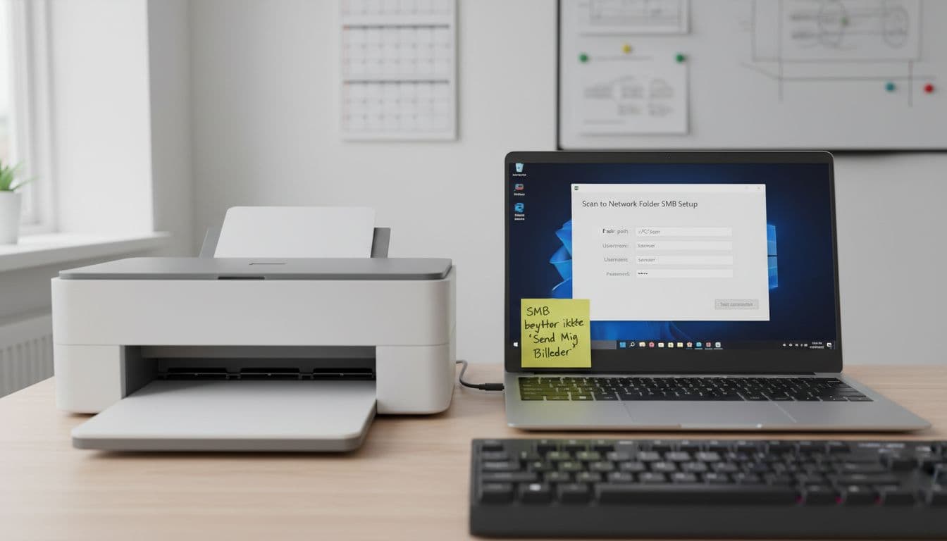 Photorealistic IT office desk with A4 flatbed scanner beside Windows 11 laptop showing Scan to Network Folder SMB configuration screen including folder path, username, password, and test button. Humorous Danish post-it note reads 'SMB betyder ikke ‘Send Mig Billeder’'; neutral lighting, blurred background.