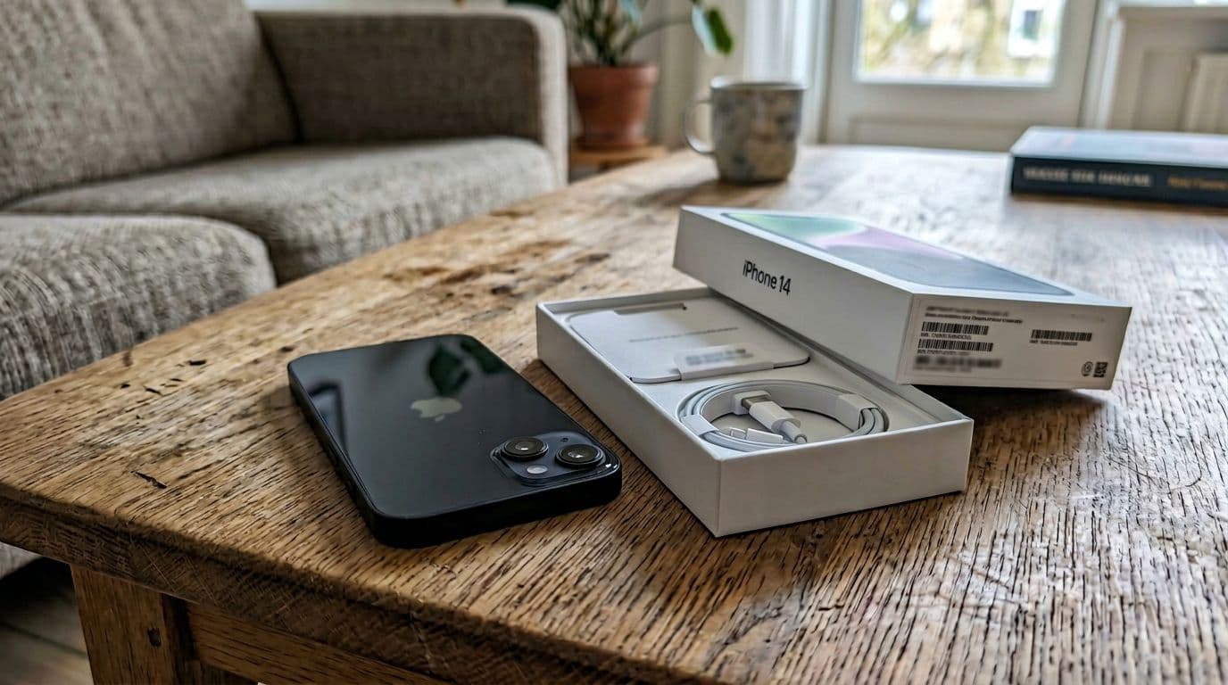 Photorealistic smartphone photo in landscape orientation showing a neutral white open iPhone 14 box with blurred barcode and IMEI label next to the iPhone 14 on a Danish living room table. Realistic details with neutral lighting, shallow depth of field, no readable text, no focused logos, no hands or people visible.