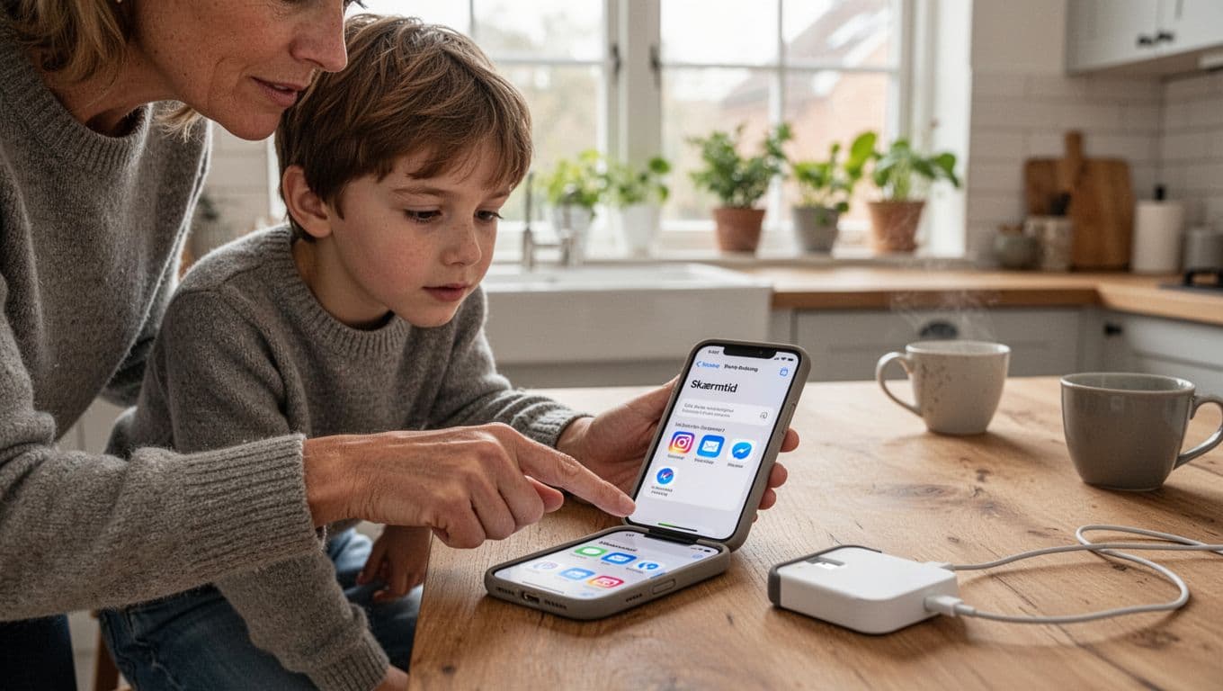Forælder hjælper barn med Skærmtid på iPhone