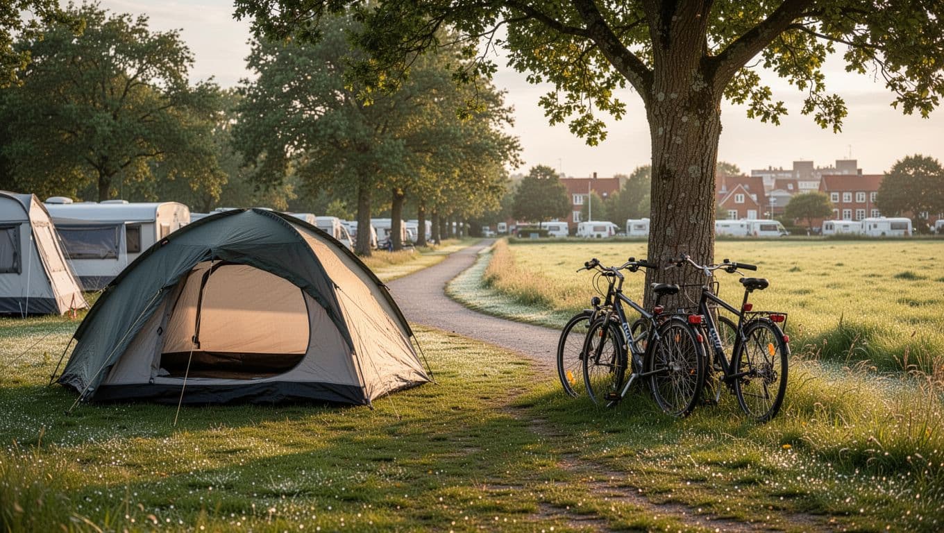 Photorealistic scene of a family-friendly calm at a Danish camping site near Slagelse, featuring a tent on green grass, two bicycles leaning against a tree by a quiet path to green fields, with soft afternoon light and dew.