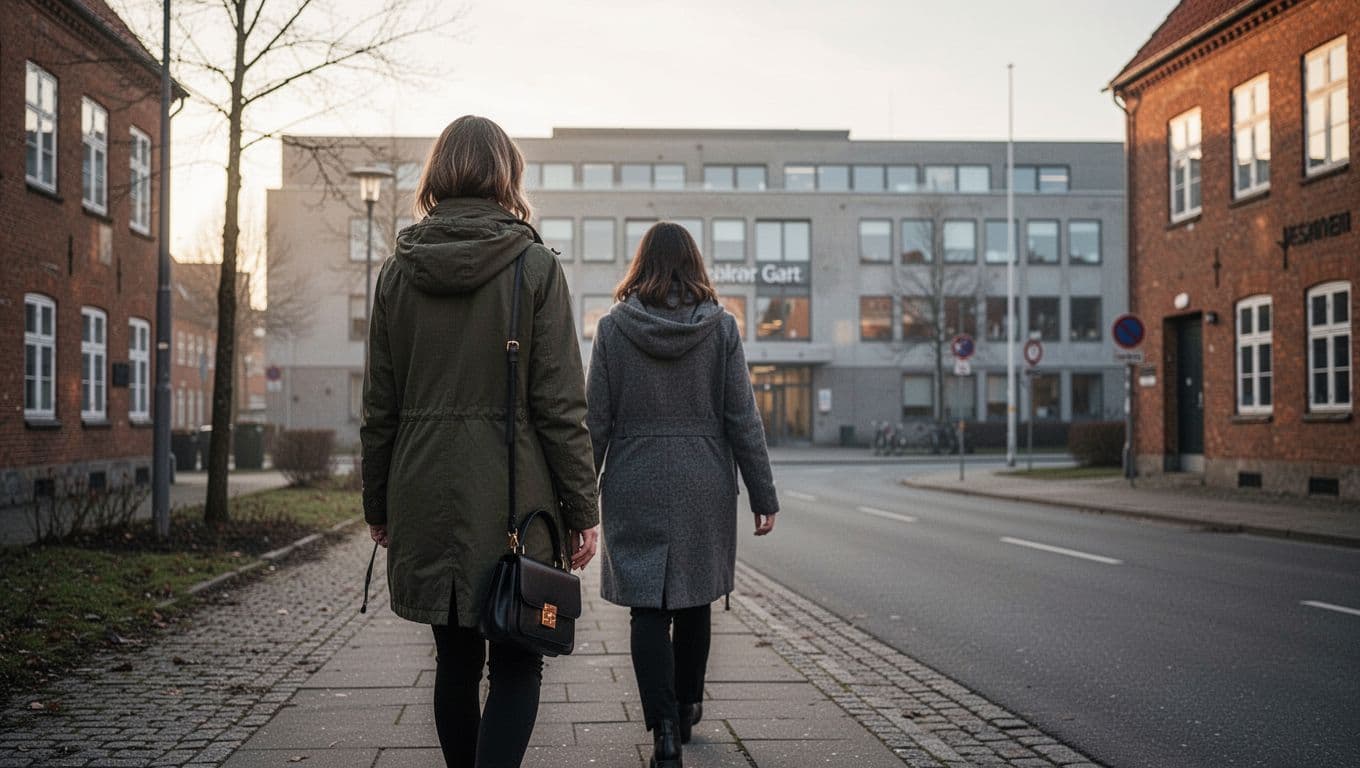 A person seen from behind in a warm jacket and carrying a small handbag walks on the sidewalk toward a generic flat hospital building in early morning soft light on a car-free Danish provincial street. Photorealistic documentary style with natural colors and Nordic aesthetic.