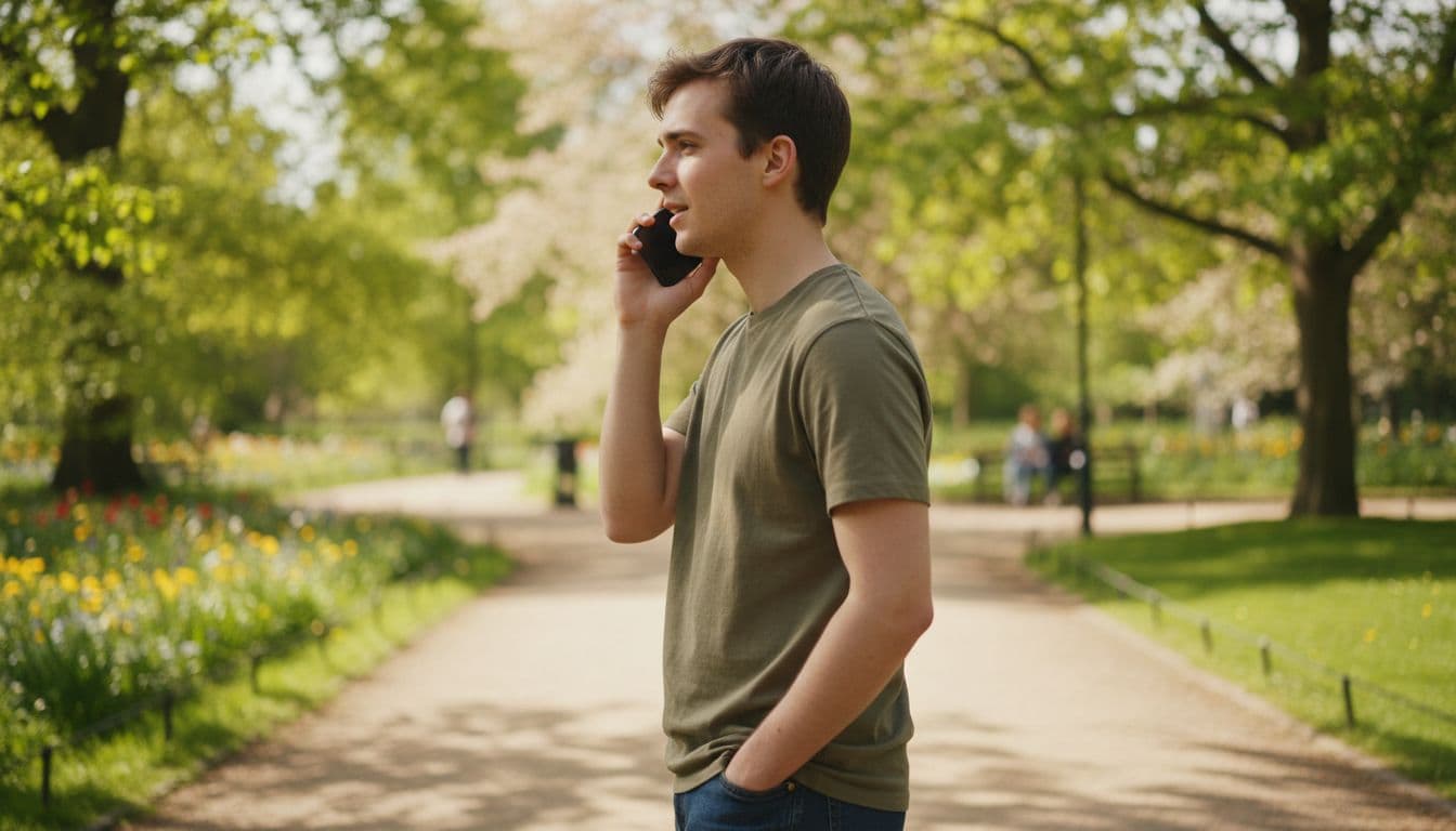 A person walks through a park while speaking on an iPhone during a sunny day.