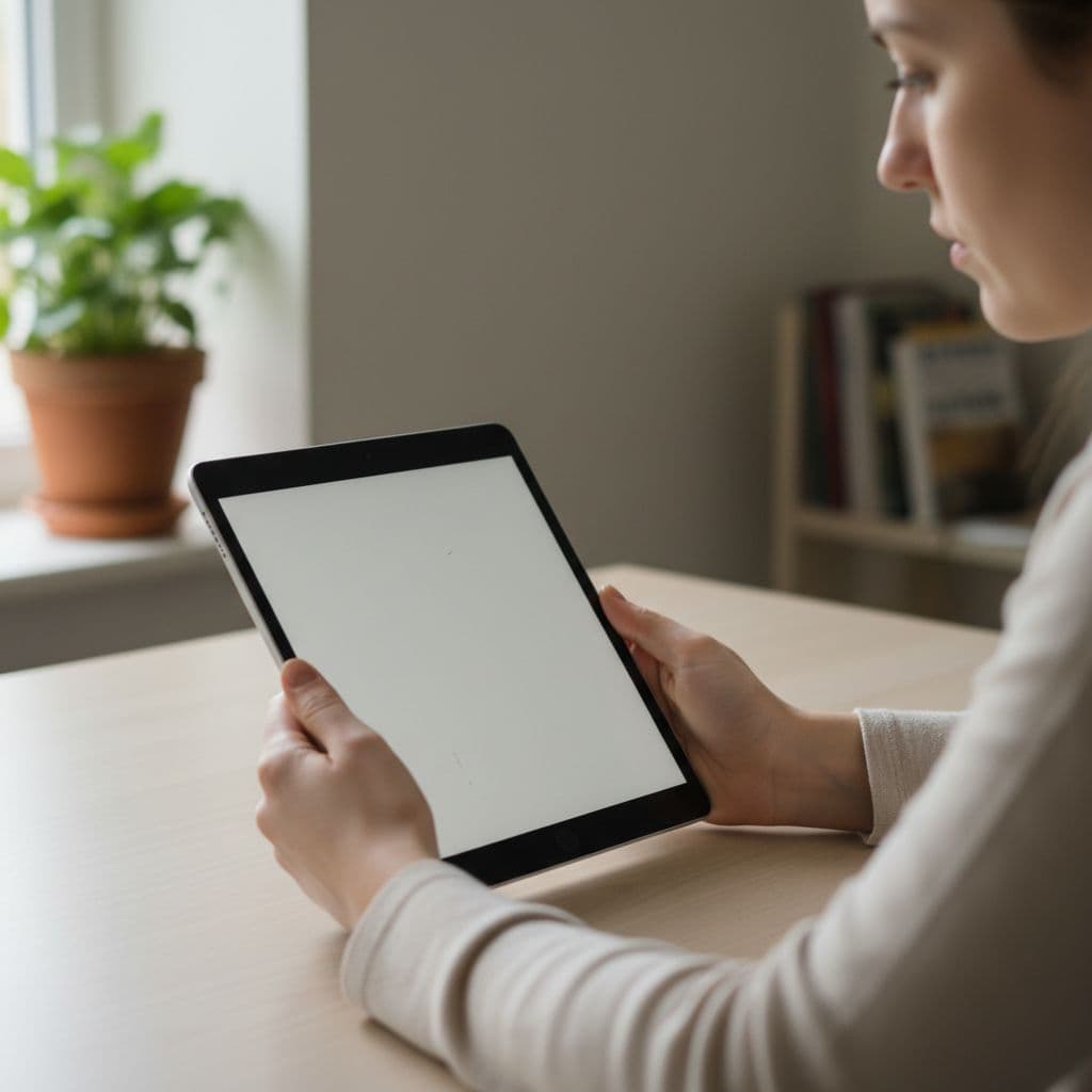A person sits at a wooden table holding a tablet to check wireless connections.