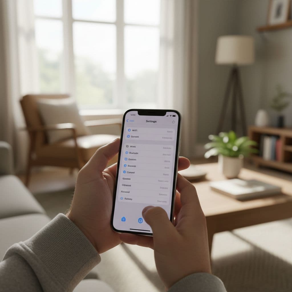 A person holds a smartphone in a bright living room while reviewing the device settings.