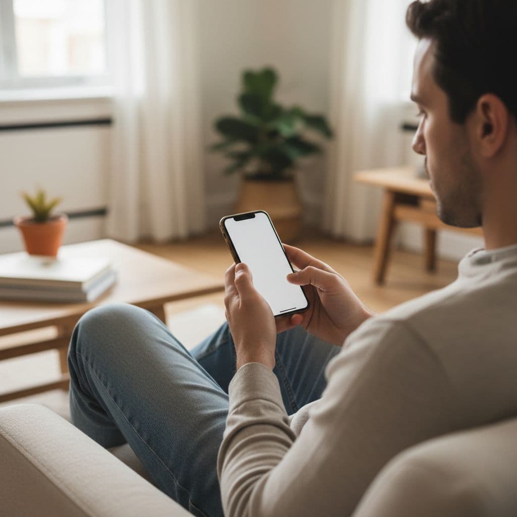 A person sits in a sunlit living room looking at the settings menu on their iPhone.