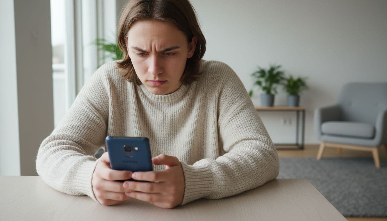 Young person sits at light wooden table holding used Samsung Galaxy smartphone, focused on screen.