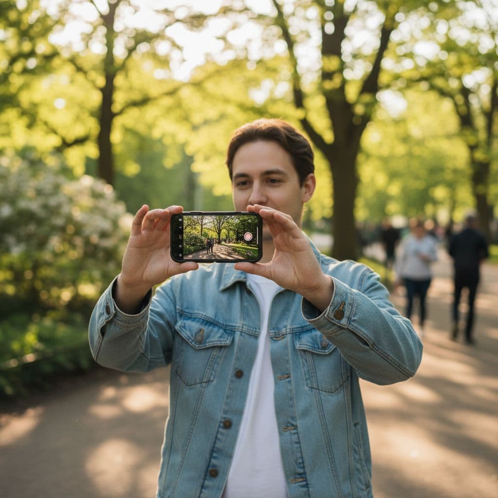 A casual individual stands in a lush green park, holding an iPhone steadily to capture a video clip. Soft afternoon sunlight highlights the screen and the surrounding park foliage perfectly.