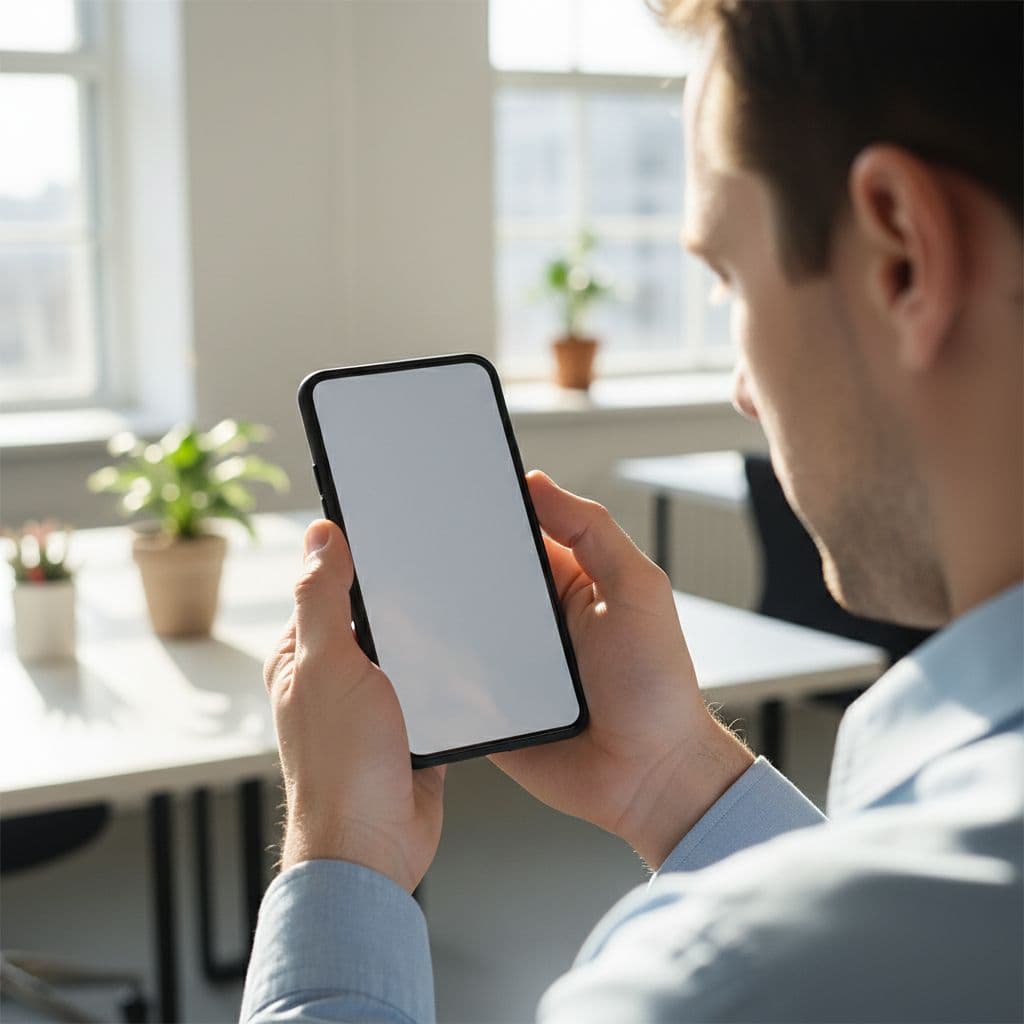 Person holds modern smartphone and closely inspects screen in bright office with sharp display focus.
