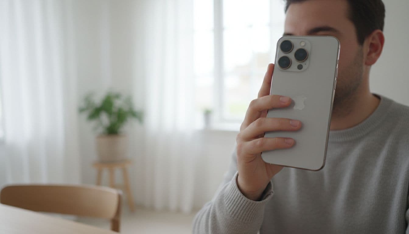 A person holds a modern smartphone to their ear inside a bright, Scandinavian-style living room.
