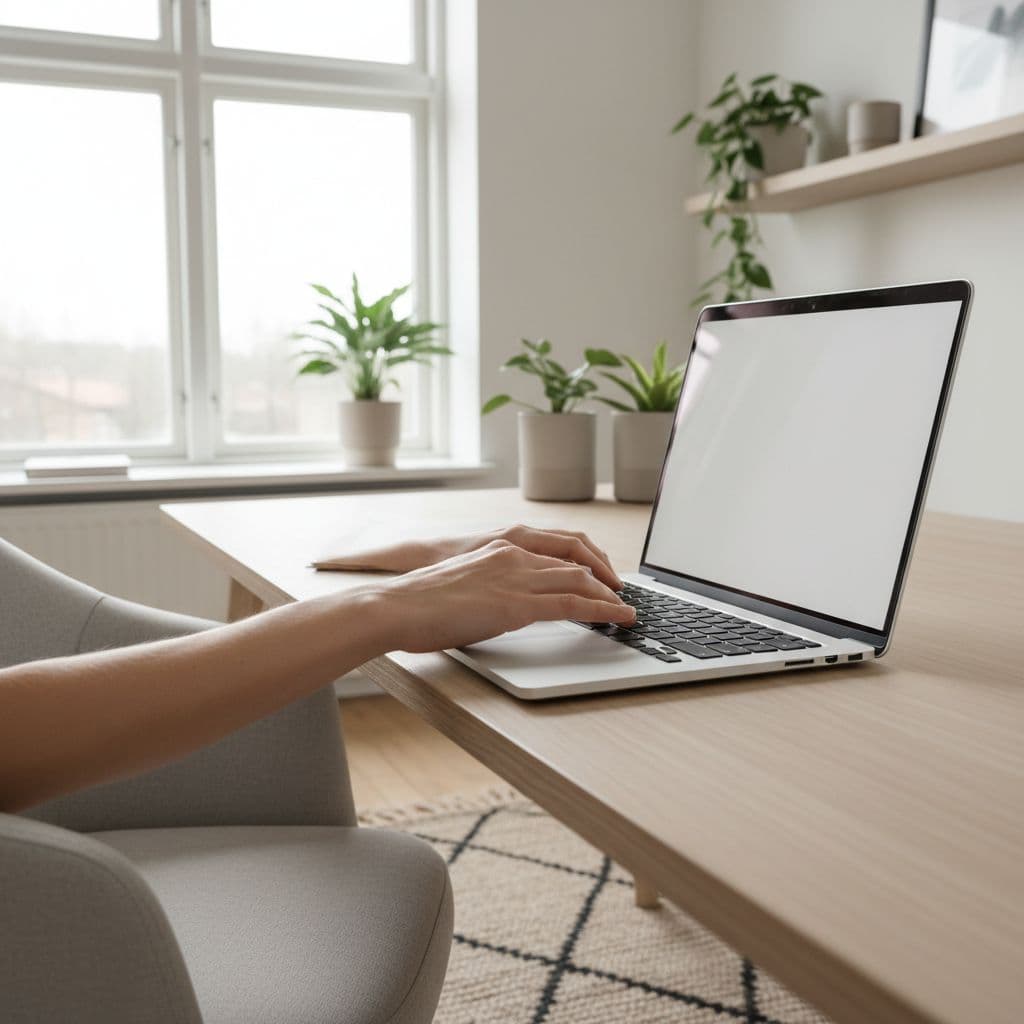 A close-up view shows a person's hands pressing keys on a laptop in a bright office.