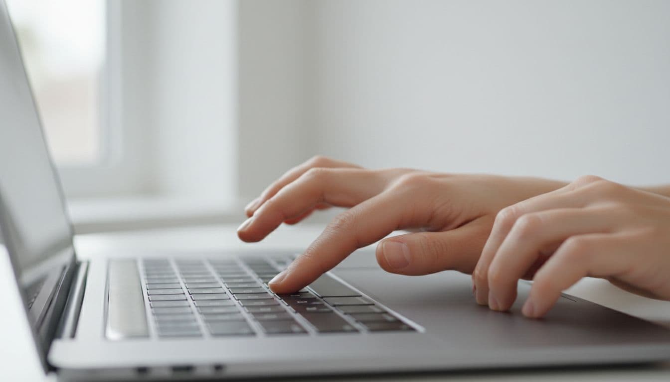A close-up view of a person using two fingers on a laptop trackpad.