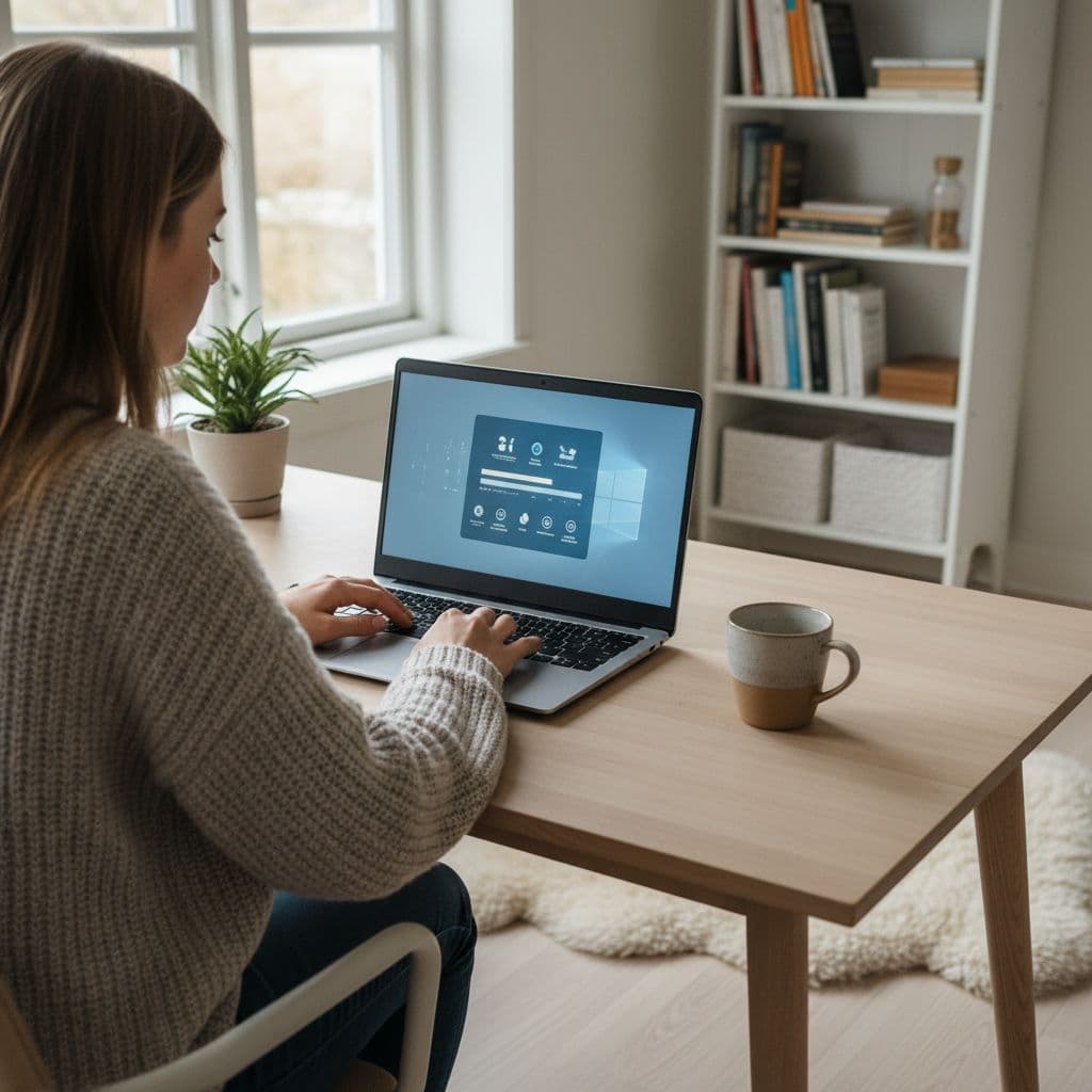 Person sits at light wooden desk looking at modern Windows laptop screen in Nordic home office with soft window daylight.