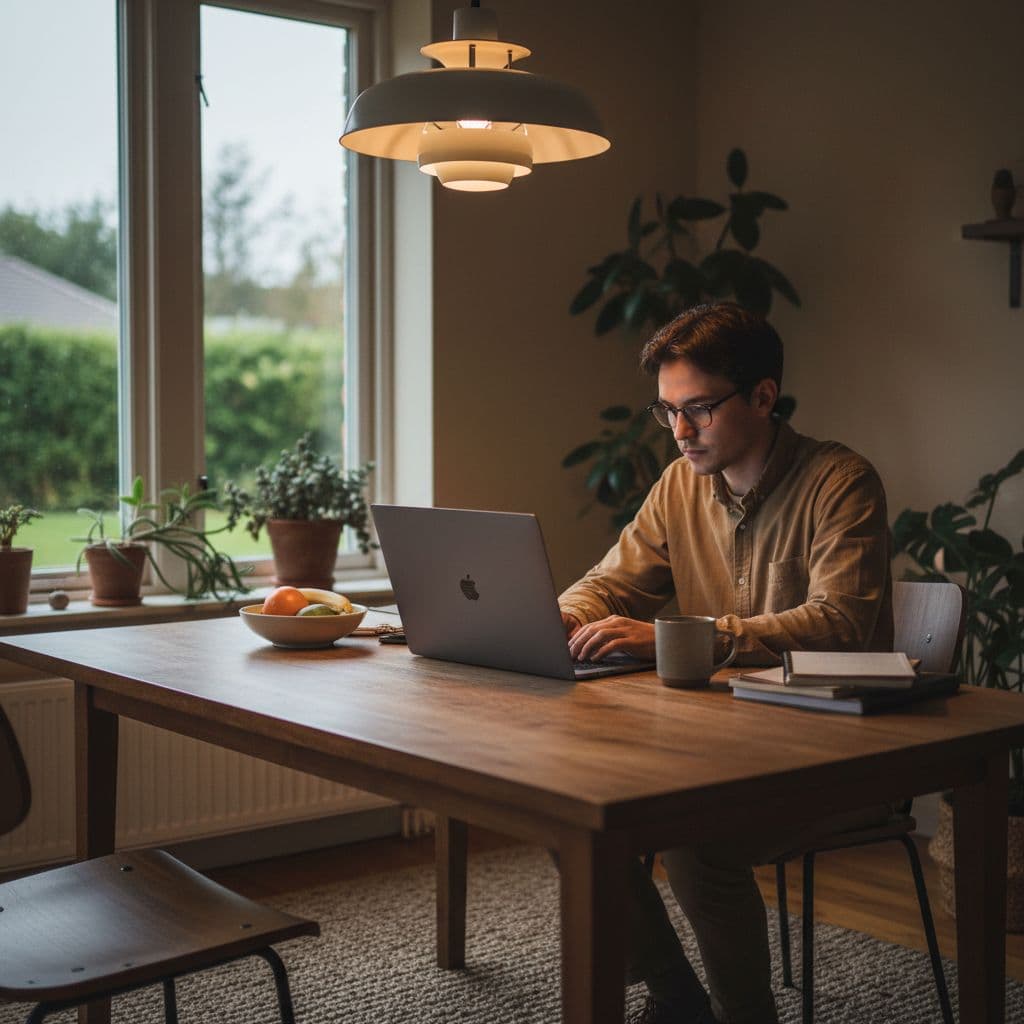 A person sits at a wooden dining table focused on their open MacBook. Warm light from a nearby desk lamp and natural daylight from a side window illuminate the workspace area.