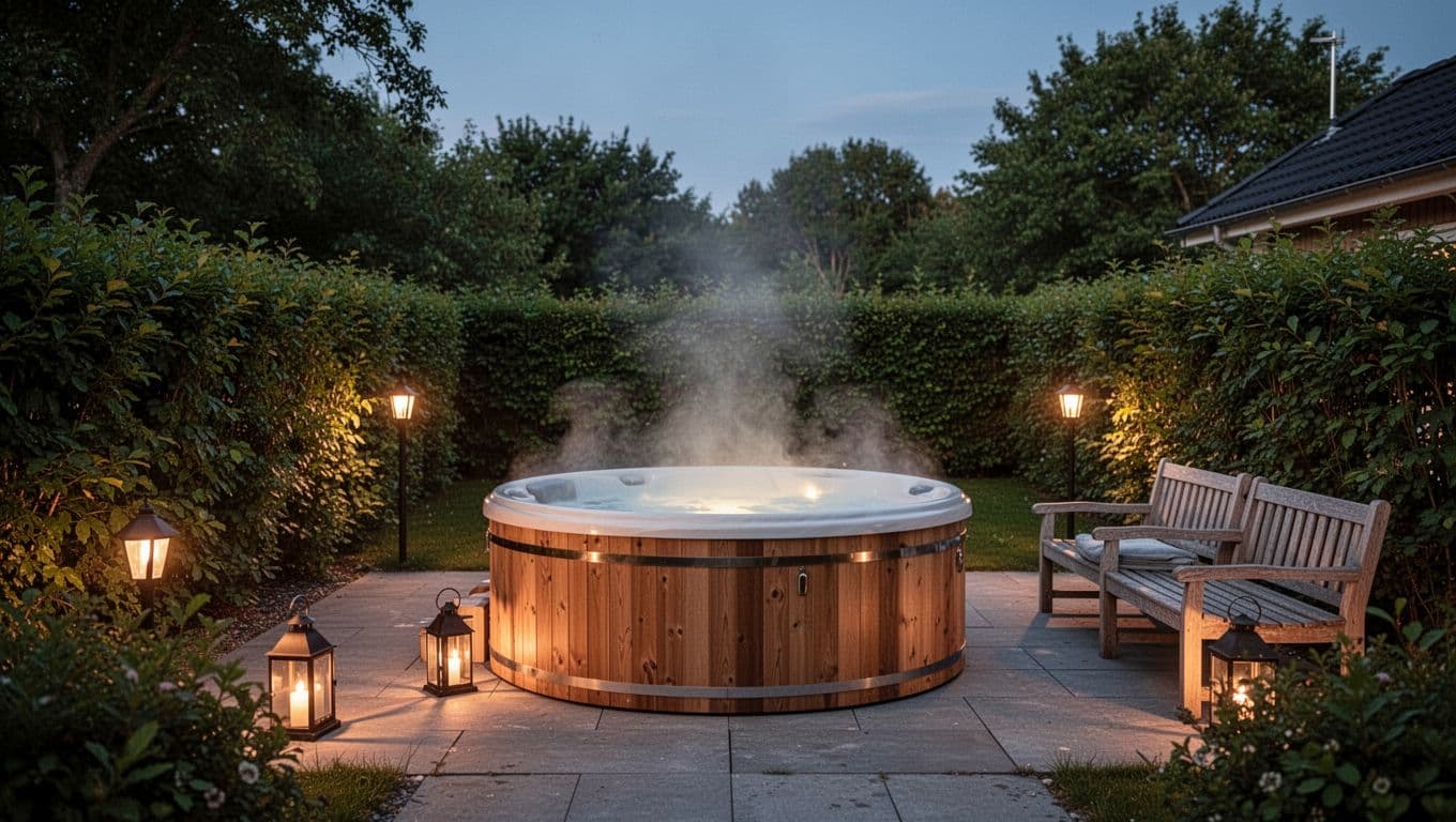 Photorealistic scene of a small wooden hot tub on a private fenced terrace at a holiday home near Slagelse, with warm steam rising in twilight, discreet lantern lights, surrounded by tall bushes and trees for privacy, soft wooden benches nearby.