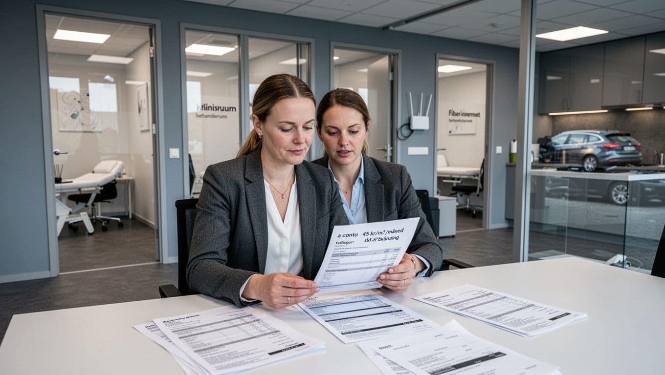 Realistic depiction of a professional woman seated at a desk in a modern Køge co-working office hotel, examining a landlord's bill with 'a conto 45 kr/m²/month' and afterpayment details. Background includes open doors to office spaces, clinic and treatment rooms, fiber router, kitchen area, and outdoor parking in a light, spacious gray-blue minimalist atmosphere.