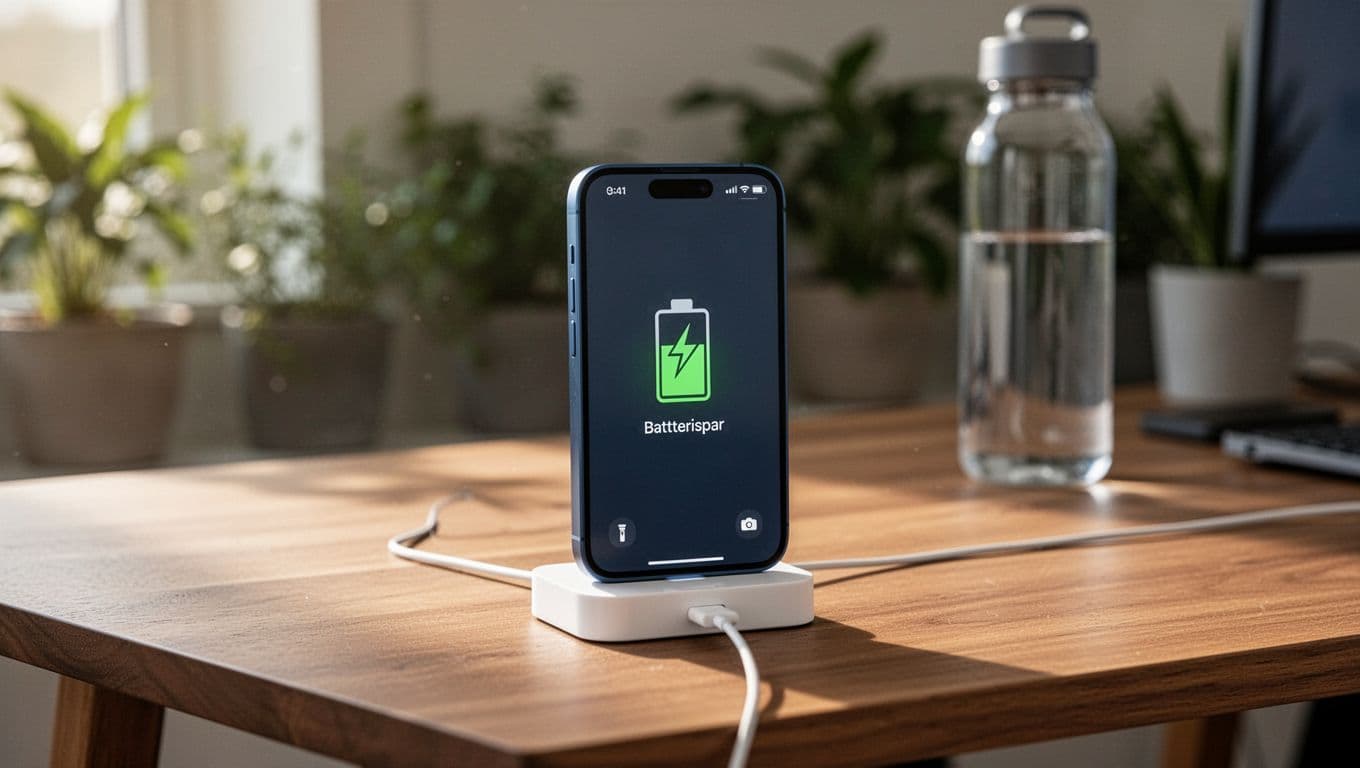 Photorealistic image of a refurbished blue iPhone 14 on a clean wooden desk, connected to a white charger with screen showing low battery saver mode in minimalist Scandinavian style. Soft afternoon light illuminates the scene with natural reflections and subtle bokeh background of plants and a water bottle.