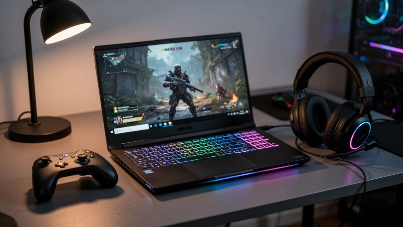 Photorealistic image of a mid-range refurbished Windows gaming laptop open on a clutter-free desk with gaming controller and headset nearby, featuring a blurred game scene on screen and subtle RGB keyboard lighting under evening indoor illumination.
